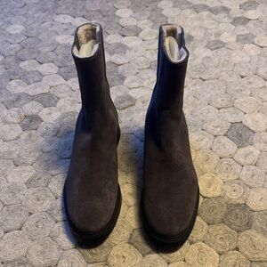 Stuart Weitzman Romy Chill Shearling-Lined Suede Ankle Boots Dark Grey.